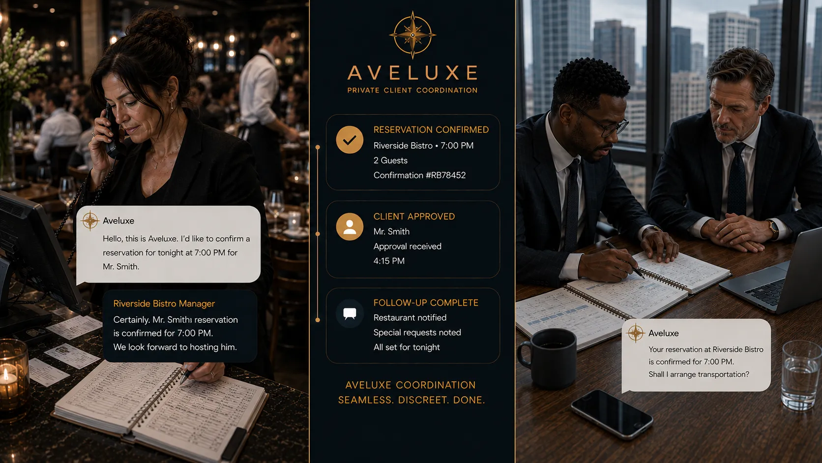 Restaurant confirmation and coordination timeline presented alongside a business meeting