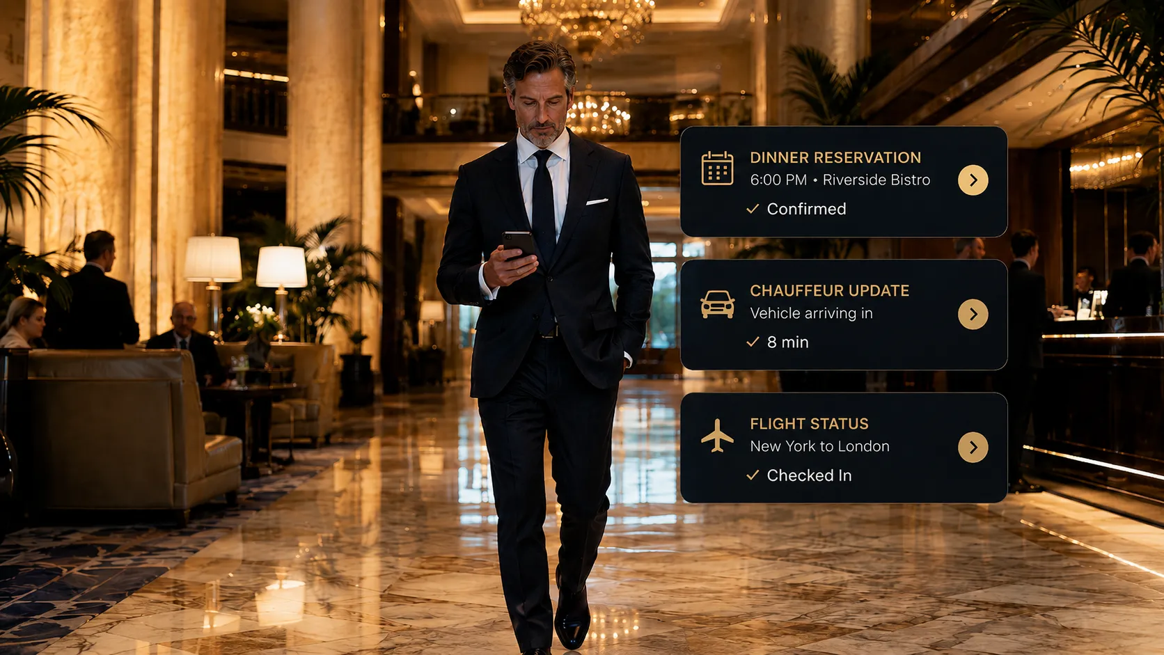A traveler in a hotel lobby reviewing dinner, chauffeur, and flight updates from Aveluxe