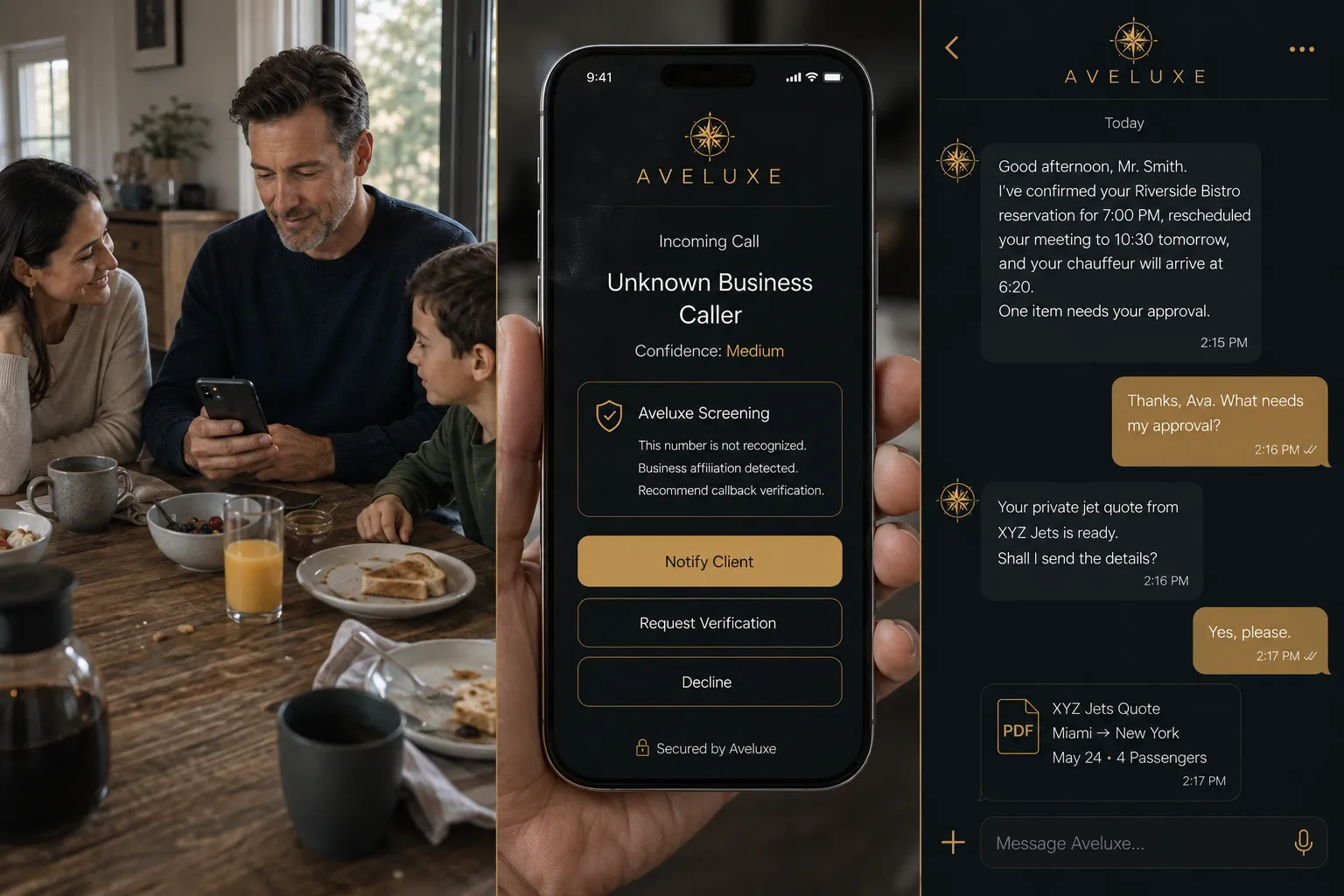 A family at breakfast alongside Aveluxe call-screening and concierge messages