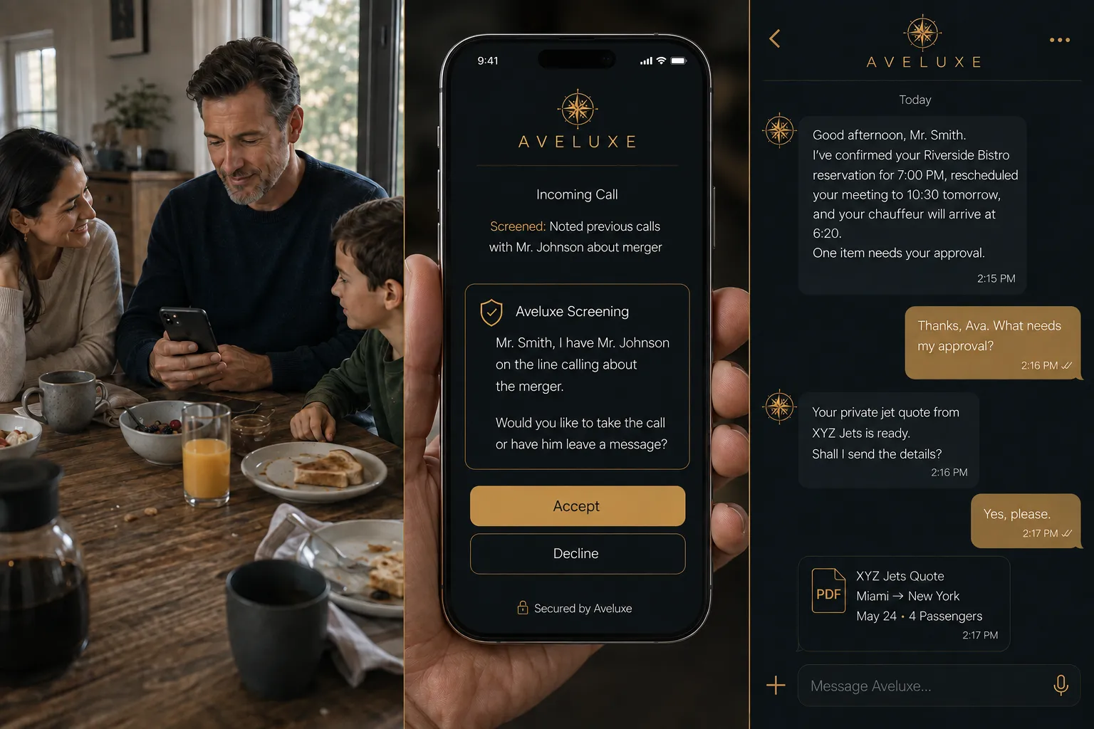 A family at breakfast alongside Aveluxe call-screening and concierge messages